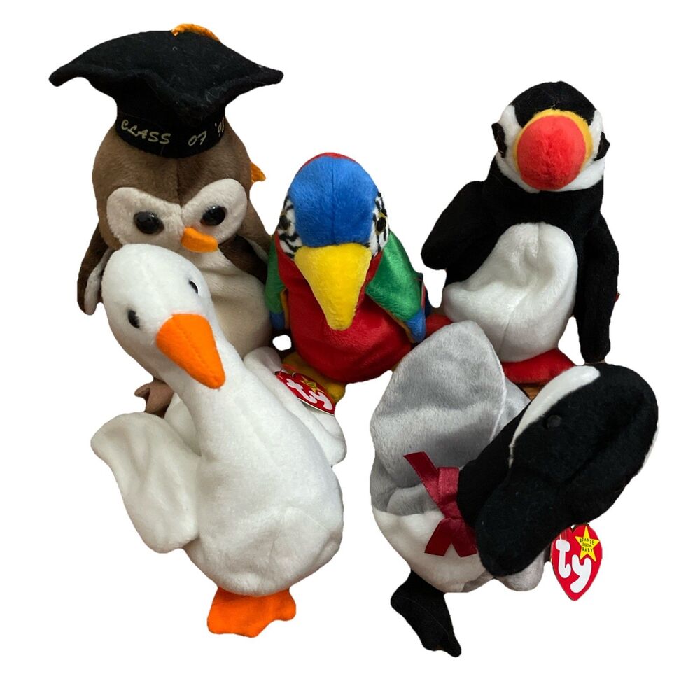 TY Lot Of 5 1990s Retired Bird Beanie Babies Gracie Wise Loosy Jabber Puffer